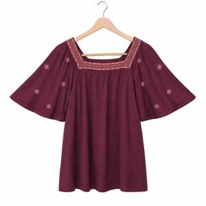 J Jill Top Womens Medium Burgundy Embroidered Cotton Modal Blend Peasant Boho